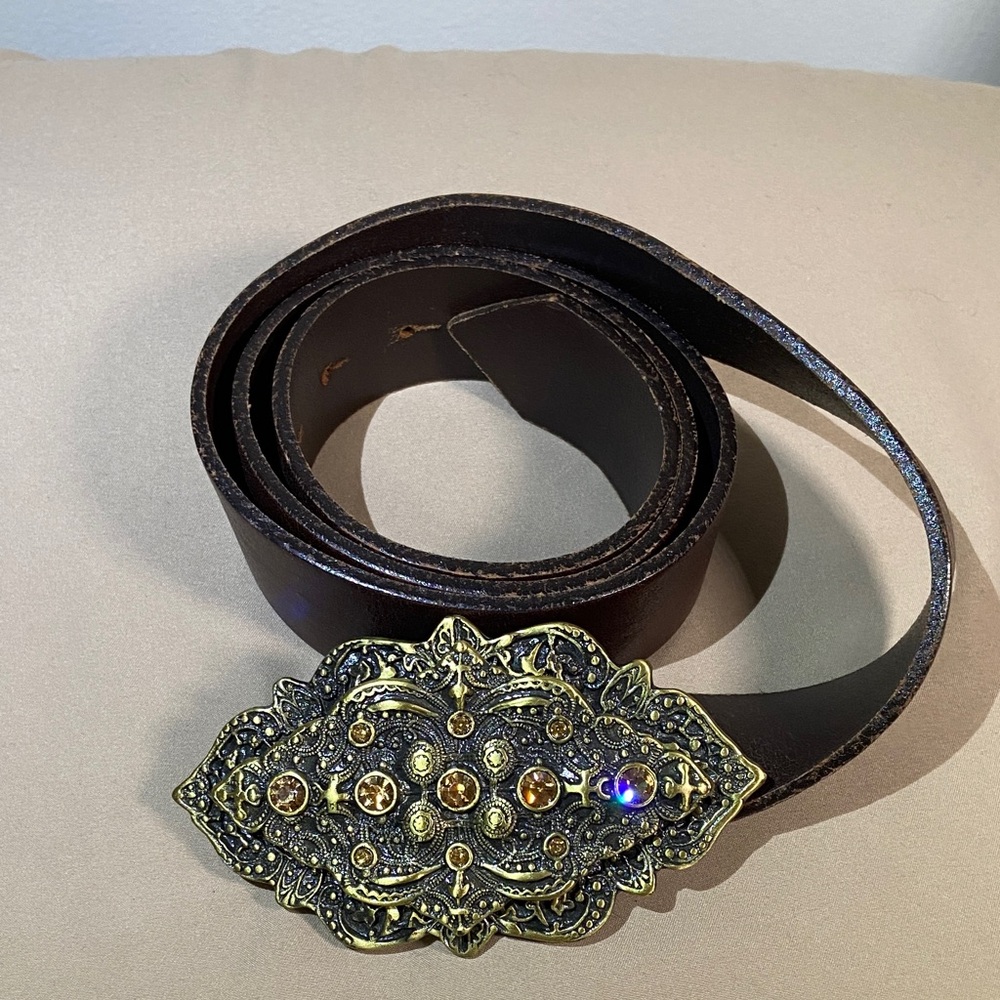 VTG Woman Large Brown Leather Belt with Gold And Yellow Gemstone Ornate Buckle